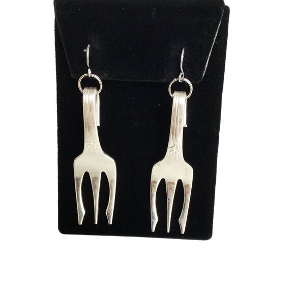 Fork Earrings Silverware Jewelry Hand Made Vintage Flatware Dangles Earrings - Picture 1 of 3